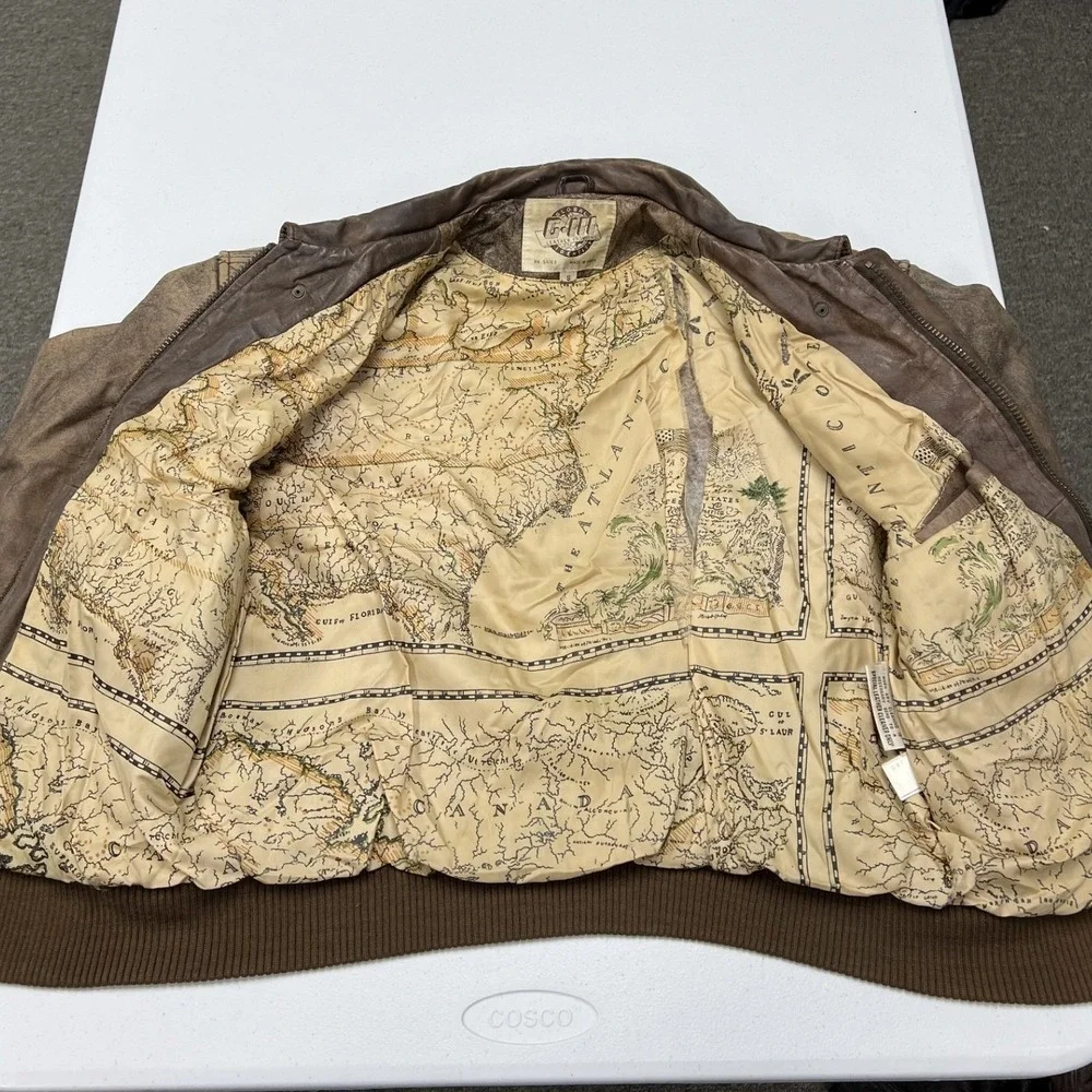 G-III Leather Flight Jacket Mens S Brown Distressed Map Lining Bomber E2